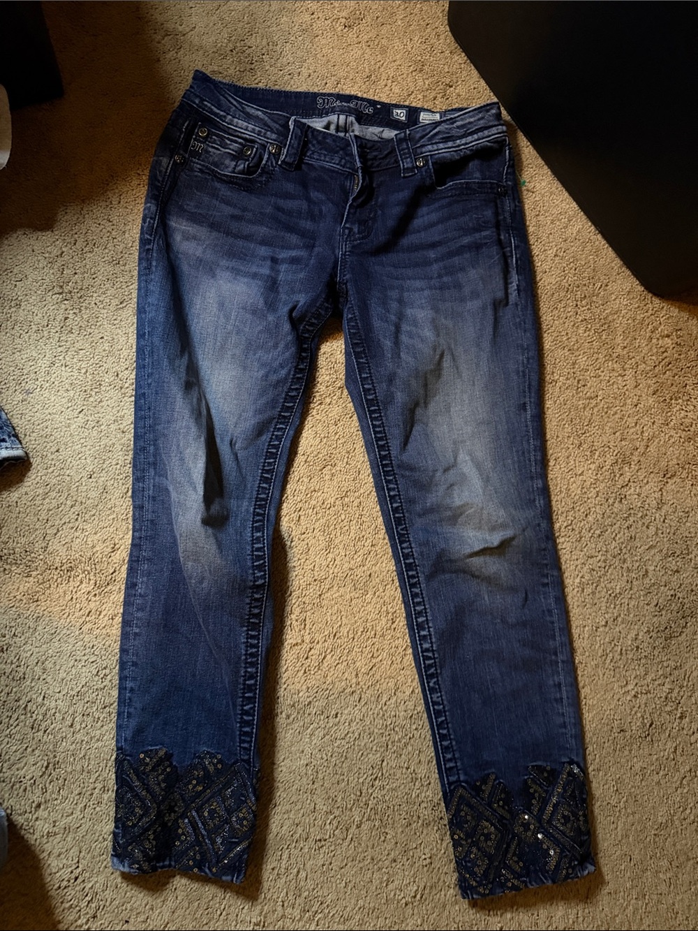Miss Me Dark Blue Cropped Jeans with Beaded Cuffs